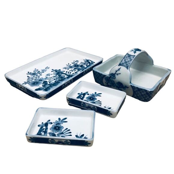 Blue Pattern Asian Porcelain Appetizer Dipping Sauce Dishes Set of 4 - Picture 1 of 8